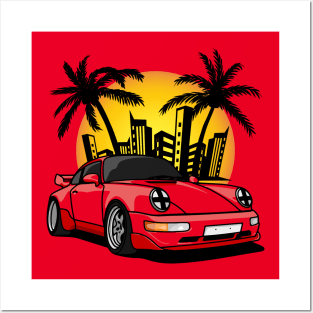 Red Classic Carrera in City Sunset Posters and Art